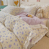 Qfdian 3/4Pcs Pastoral Floral Lace Ruffles 100% Cotton Bedding Set Single Queen Duvet Cover Bed Skirt/Bed Sheet/Fitted Sheet Pillowcase