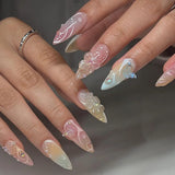 Qfdian  24pcs Press on Fake Nails Set Almond Wearable Simple French Flower False Nail Art Gold Beads Design Diamond Manicure Tips
