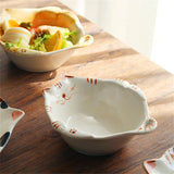 Qfdian  Ceramic salad bowl, creative hand drawn kitten bowl, 330ml/11oz cute fruit salad bowl