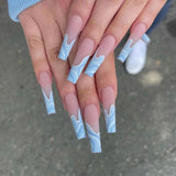 Qfdian 24Pcs Extra Long Square Fake Nail with Glue 3D Little Bear Bow Design False Nails White French Press on Nails Wearable Manicure