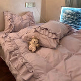 Qfdian  ‌Princess Style Purple Ruffle Duvet Cover Set - Washed Cotton 4-Piece/3-Piece Bedding Double Size/Dorm Sheet Set