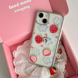 Qfdian 3D strawberry chain painting blue flower fruit phone case for iphone 12 15promax 14pro 13pro 15 pro max ins plating cover coque