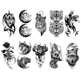 Qfdian  10pcs Waterproof Temporary Tattoo Sticker Dark Wolf Lion Tiger Eagle Snake Deer Skeleton Scorpion Body Art Arm Tattoo Women Men