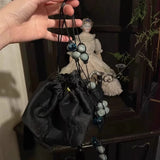 Qfdian  Y2k Vintage Beading Tassel Mini Handbags Women Purses Fashion Jacquard Top-Handle Bag Drawstring Pleated Shoulder Crossbody Bags