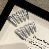 Qfdian 10pcs Handmade Fake Nails Heavy Metal Silver Aurora Press On Nails Wearable Full Cover Long Press on Nails for Women Lady