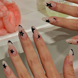 Qfdian  24pcs Blue Plaid Gradient Fake Nails Phototherapy French Tips Y2k Style Press On Nails Long Almond Cool Stars False Nail Patches