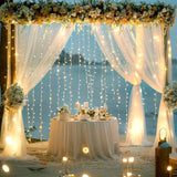 Qfdian  4 Panels-5ft x 10ft Ivory Tulle Backdrop Curtains with Lights String for Parties,Wrinkle Free Sheer Curtain with Lights Wedding