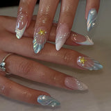 Qfdian  24pcs Press on Fake Nails Set Almond Wearable Simple French Flower False Nail Art Gold Beads Design Diamond Manicure Tips