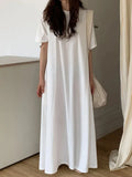 Qfdian  Summer Fashion Versatile Casual Women Short Sleeved T-shirt Dress Lazy Style Round Neck Solid Color Loose Fitting Women's Dress