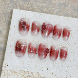 Qfdian  10pcs Sweet Short Oval Fake Nail Patches Hand-painted 3D Pink Strawberry Flower Press On Nails Spring Summer Fresh Handmade Nail