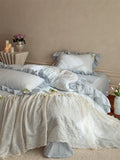 Qfdian French Lace Ruffles Princess Wedding Bedding Set Pure Cotton Double Layer Yarn Soft Duvet Cover Flat/Fitted Bed Sheet Pillowcase