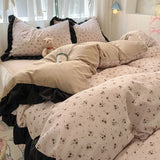 Qfdian  Floral print Korean style Princess Lace Bedding Set Duvet Cover Set Washed Cotton Flat Sheet set Queen For Girl Decor Home