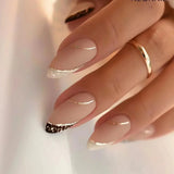 Qfdian 24Pcs Short Round Head False Nails Glitter Pink Almond Fake Nails Strawberry Full Cover Press on Nails Wearable Nail Tips