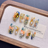 Qfdian Luxury Press On Nails French Romantic Style with Alloy Gems Crystal Pearls Resin Flowers Elegant Glam Design for Party Wedding
