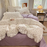Qfdian Princess Style Lace Ruffles 100% Cotton Bedding Set Floral Pastoral Style Duvet Cover Flat/Fitted Bed Sheet Pillowcases 3/4Pcs