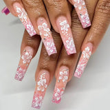 Qfdian 24Pcs Extra Long Square Fake Nail with Glue 3D Little Bear Bow Design False Nails White French Press on Nails Wearable Manicure