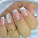 Qfdian 24Pcs Shiny Pearl Wearable False Nails Short Square Fake Nail Simple Summer Press on Nails Detachable Full Cover Nail Tips