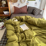 Qfdian  Bedding Set Ins Ambiance Blue Coffee Grid Mixed With Washed Cotton Minimalist Flat&Fitted Sheets Duvet Cover Set With Pillowcase