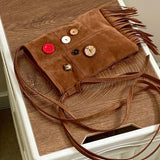 Qfdian Japanese Vintage Tassel Shoulder Bag Y2k Aesthetic Fashion Women Button Mini Cellphone Bags Casual Kawaii Ins Handbags Crossbody