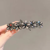 Qfdian  Sparkling Black Crystal Glass Flower Spring Loaded Hair Clip for Women Girls Back Head Bun Top Barrette Temperament Daily Party