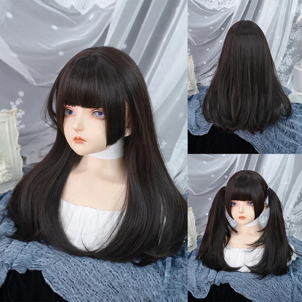 Qfdian 22Inch Black Color Hime Cut Synthetic Wigs with Bang Long Natural Straight Hair Wig for Women Daily Use Cosplay Heat Resistant