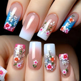 Qfdian  24pcs Glitter Short Square Fake Nails Sets Rhinestones French Design False Nail Tips Reusable Pink Press on Nails Tips Manicure