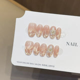 Qfdian  10Pcs Snake Rhinestone Press on Nails Pink Gradient Press on Fake Nails Cat Eye Almond False Nails 3D Carve Flower Nail Art Tip