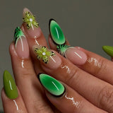 Qfdian  24pcs Press on Fake Nails Set Almond Wearable Simple French Flower False Nail Art Gold Beads Design Diamond Manicure Tips