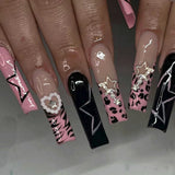 Qfdian  24Pcs Long Coffin False Nails Pink French Flowers Design Fake Nail with Butterfly Rhinestone Wearable Ballet Press on Nails