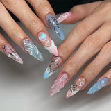 Qfdian  24pcs 3D Blue Heart Press on Nails Medium Almond Fake Nails with Glue Full Cover Pink Gradient Y2k False Nails Sweet Cool Nail