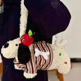 Qfdian Japanese Fluffy Cartoon Striped Dog Shoulder Bag Kawaii Sweet Fashion Women's Handbags Y2k Aesthetic Cute Crossbody Bags Trendy