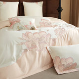 Qfdian  1000TC Egyptian Cotton Blooming Flower Embroidery Luxury Bedding Set Duvet Cover Flat Bed Sheet Pillowcases 4Pcs
