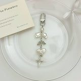 Qfdian INS Korea Pearl Bow Knot Heart Charm Phone Pendant Crystal Wristband Keychain Bracelet Lanyard Cord