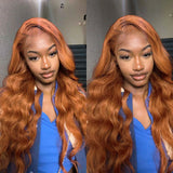 Qfdian Long Curly Natural Wavy Synthetic Hair Ginger Orange Lace Front Wig Loose Deep Wave Brown Colored 13X4 Frontal Wigs for Women