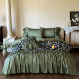 Qfdian  Egyptian Cotton Bedding Set French Vintage Green Floral Print Ruffles Duvet Cover Flat Bed Sheet Pillowcases 4Pcs