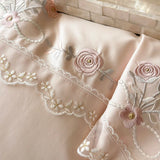 Qfdian 800TC Lyocell Bamboo Fiber Soft Silky Bedding Set Rose Floral Embroidery Lace Ruffles Duvet Cover Flat/Fitted Sheet Pillowcases