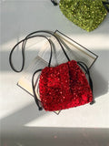 Qfdian  Luxury Design Sequined Drawstring Mini Handbags Pleated Casual Y2k Aesthetic Shoulder Bag Trend Vintage All Match Crossbody Bags