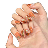 Qfdian  10pcs Handmade Press On Nails Smudging Orange Shiny Gold Foil Designs Fake Nails Court Style Japenese False Nail For Women Girls