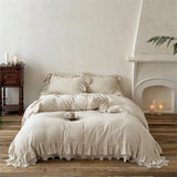 Qfdian 20% Linen And 80% Cotton Double Layer Lace Ruffles Vintage French Bedding Set Duvet Cover Flat/Fitted Bed Sheet Pillowcases 4Pcs