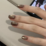 Qfdian 10Pcs Glitter Cat Eye Handmade Press On Nails False Nail Full Cover Detachable French Ballerina Wearable Artificial Nail Tip