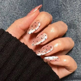 Qfdian  24pcs Nude Color Cat's Eye Fake Nails Black Polka Dot Pattern Press On Nails Simple Almond Shaped Full Cover False Nail For Girl