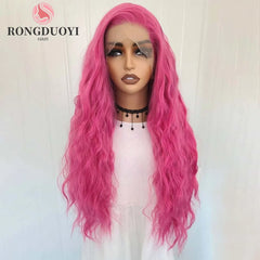 Qfdian 13X4 Rose Red Curly Wig Synthetic Lace Front Wig Natural Wavy Long Hot Pink Colored Hair Lace Frontal Wigs for Women Party Daily