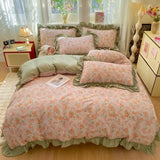 Qfdian  Korean Style Floral Double Gauze Bedding Set 3pcs/4pcs Soft Breathable Cotton Duvet Cover Sheet Girly Dorm Home Textile