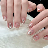 Qfdian 24pcs Simple Almond False Nails Sets Blush Design Press on Nails Art Datachable Short Oval Fake Nail with Jelly Glue Manicure