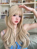 Qfdian 24Inch Blonde Lolita Style Synthetic Wigs With Bangs Long Natural Wavy Hair Wig for Women Daily Use Cosplay Party Heat Resistant