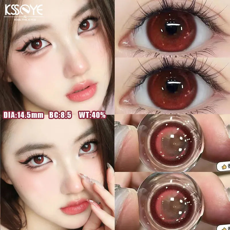 Qfdian 2PCS  Red Color Contact Lenses Large Diameter 14.5mm Myopia Degree Colored Lens Blue Beauty Pupil Makeup One Year Use