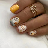 Qfdian 24Pcs Simple Yellow Fake Nails White Flower Design Press on Nails Short Square Head Detachable Nail Tips Full Cover False Nail