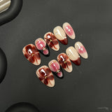 Qfdian  10pcs Handmade Short Almond Press on Nails Autumn Browm Flower Pattern Fake Nails Wearable Detachable Spice Girls False Nails