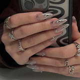 Qfdian  24Pcs Solid Color Grey Almond Fake Nail Cat's Eye Design Wearable Round Head False Nails with Shiny Powder Press on Nails