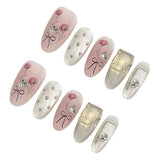 Qfdian  10pcs Handmade False Nails with Rose Flower Decor Glossy Sweet Pink Press On Nails for Daily and Parties Wearing Fake Nails